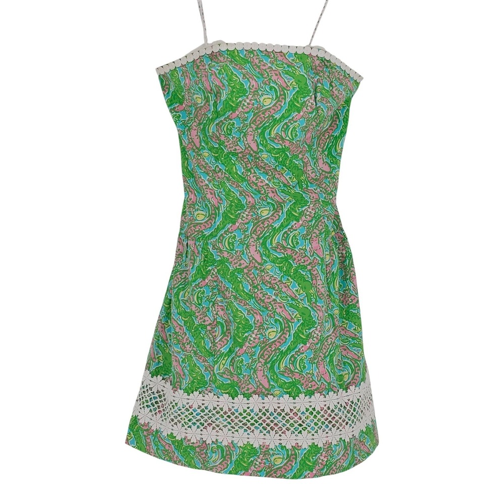 Lilly Pulitzer Jordan Strapless Dress 2 Chomp Chomp Green Pink Lace Trim - Picture 2 of 14